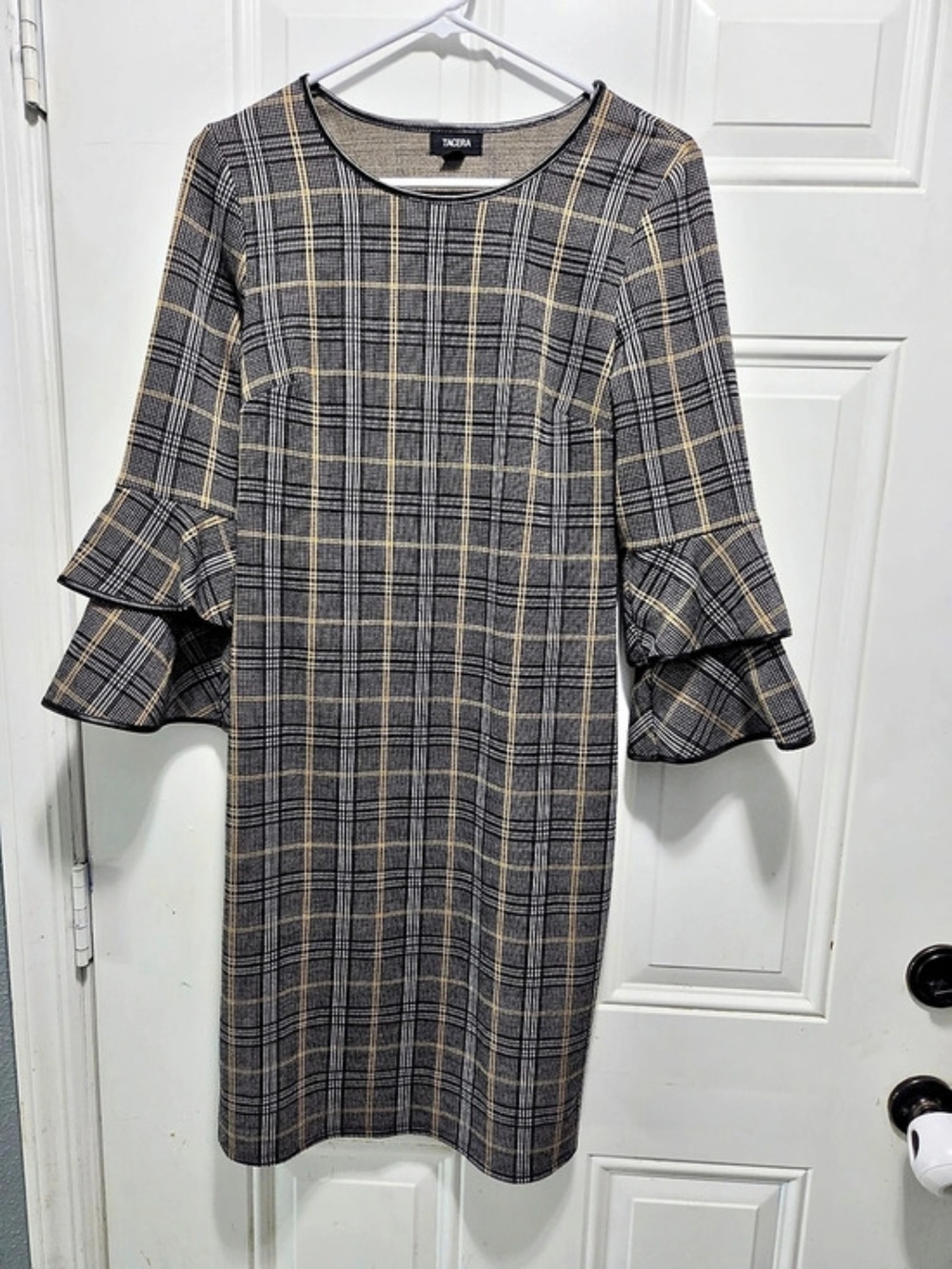 TACERA Plaid Bell Sleeve Dress in Black & Yellow Size Small Like Ne